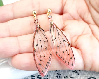 Boucles d'oreilles aile de cigale faites main : bijoux en guirlande de fées transparents, or 14 carats