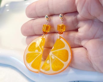 Pendientes colgantes de rodajas de naranja - Pendientes de frutas originales - Joyería de verano