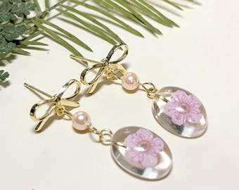 Echte Blume Harz Ohrringe, 14k Gold Filled Bogen Ohrstecker, Hypoallergen