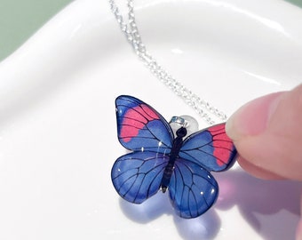Butterfly necklace handmade jewelry resin artisan necklace nature love gift for her necklace silver necklace unique blue butterfly jewelry