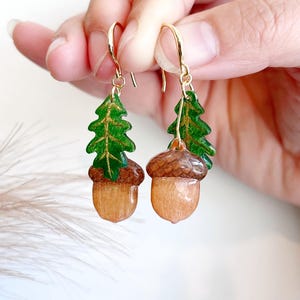 Ultra Realistic Acorn and Oak Leaf Earrings Nature Inspired Earrings Handmade + 14k Gold Filled Hooks for Cottagecore Outfits Gift Earrings