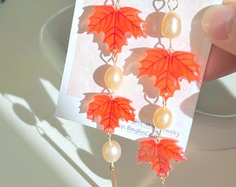 Handmade Maple Leaf Earrings: Pink Freshwater Pearls, Autumn Jewelry
