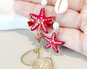 Mermaid Starfish Earrings, Seashell Pearl Dangle, Beach Vacation Jewelry