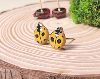 Handmade Yellow Ladybug Stud Earrings, 14K Gold Filled, Hypoallergenic