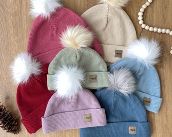 Organic Pommed Beanie, Waffle Knit Beanie with Removable Pom, Family Matching Beanie, Sizes Baby-Child-Adult, Waffle Style Beanie