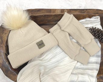 Organic Cotton Cream Waffle Knit Beanie and Leg Warmer Set with Removable Pom Pom, American Milled, Newborn Beanie Gift Set, Pommed Beanie