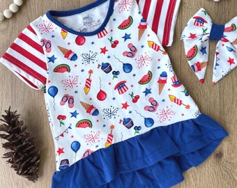 Girls Patriotic Hi/Lo Tunic and Bow, Oeko-Tex European Cotton, 4th of July Outfit