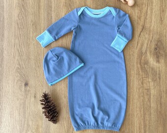 Dusty Blue Boy Baby Gown and Hat Set, Oeko-Tex Certified European Cotton Spandex, Infant Baby Sleeper, Newborn Blue Gown, Mitten Cuffs
