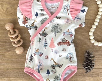 Organic Cotton Pink Animals Bodysuit, American Milled, Safari Baby Girl Outfit, USA Milled, Flutter Sleeve Baby, Size 3M, One Piece Baby