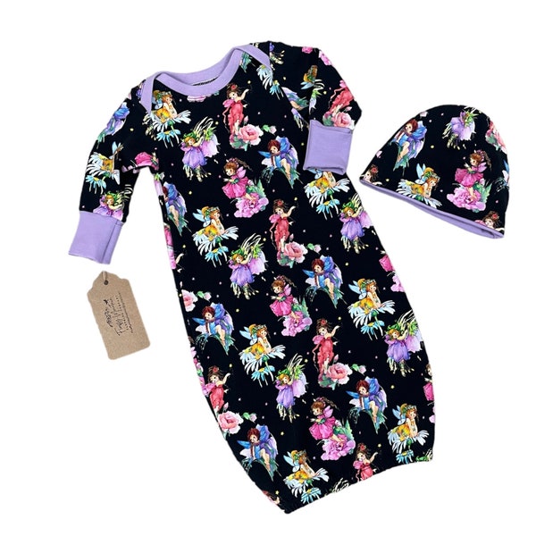 Newborn Baby GIRL Gown and Reversible Beanie Hat Colorful Fairies on Black with Purple Trim