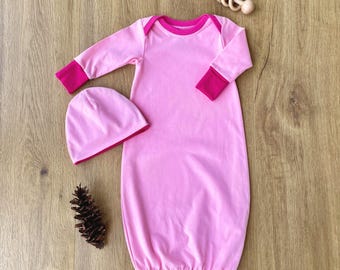 Pink Girl Baby Gown and Hat Set, Oeko-Tex Certified European Cotton Spandex, Mitten Cuffs, Infant Baby Sleeper, Pink Newborn Gown