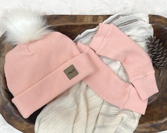 Organic Cotton Waffle Knit Beanie and Leg Warmer Set, Removable Pom Pom, USA Milled