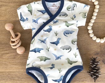 Organic Cotton Baby Dinosaur Bodysuit, American Milled, Dino Baby Outfit, Organic Cotton Fabric USA, Short Sleeve Baby Boy Onesie