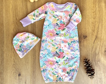 Watercolor Floral Baby Gown and Hat Set, Oeko-Tex European Cotton Spandex, Cottagecore Outfit
