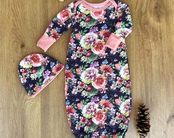 Navy Floral Peony Baby Gown and Hat Set, Oeko-Tex Certified European Cotton Spandex, Navy Baby Girl Outfit