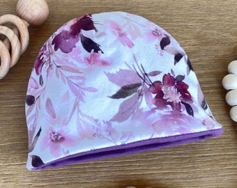 Purple Watercolor Floral Baby Beanie, Newborn Beanie, Infant Hat, Stretchy Baby Hat, New Baby Beanie, Oeko-Tex Certified European Cotton
