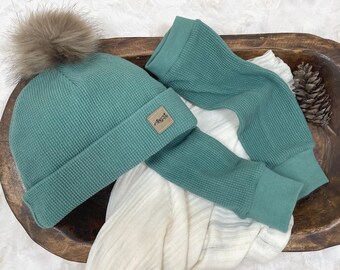 Organic Cotton Green Waffle Knit Beanie and Leg Warmer Set with Removable Pom Pom, American Milled, Newborn Beanie Gift Set, Pommed Beanie