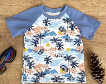 Toddler Tropical Raglan Shirt, Oeko-Tex European Cotton Spandex, Summer Palm Tree Tee