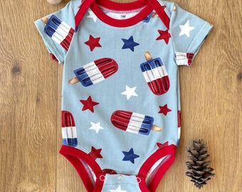 Rocket Pop Baby Bodysuit 4th of July, Oeko-Tex European Cotton Spandex, Patriotic Summer Romper