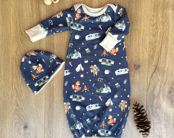 Navy Camping Baby Gown and Hat Set, Fox and Bear Gown,Oeko-Tex Certified Euro Cotton Spandex, Camping Baby Outfit, Come Home Baby Boy Outfit