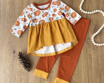 Pumpkin Polka Dot Tunic Pants Set, 3/4 Sleeve Pumpkin Patch Outfit, Thanksgiving Girls Outfit, Oeko-Tex Certified Euro Cotton, 18M 4T