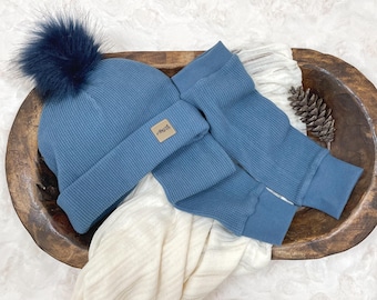 Organic Indigo Waffle Knit Beanie and Leg Warmer Set with Removable Pom Pom, American Milled, Toddler Cotton Leg Warmer, Pommed Beanie