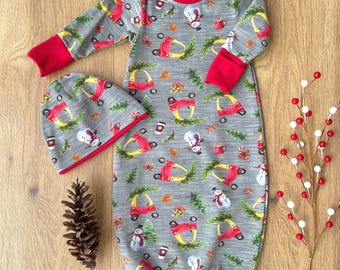 Baby Christmas Gown and Hat Set, Newborn Snowman Outfit, Oeko-Tex Certified Euro Cotton, Coze Coupe Baby Set, Christmas Infant gown
