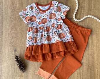 Pumpkin Toddler Set, Cottagecore Fall Toddler Outfit, 4T Girls Ruffle Outfit, American Milled Organic Cotton, Girls Pumpkin Patch