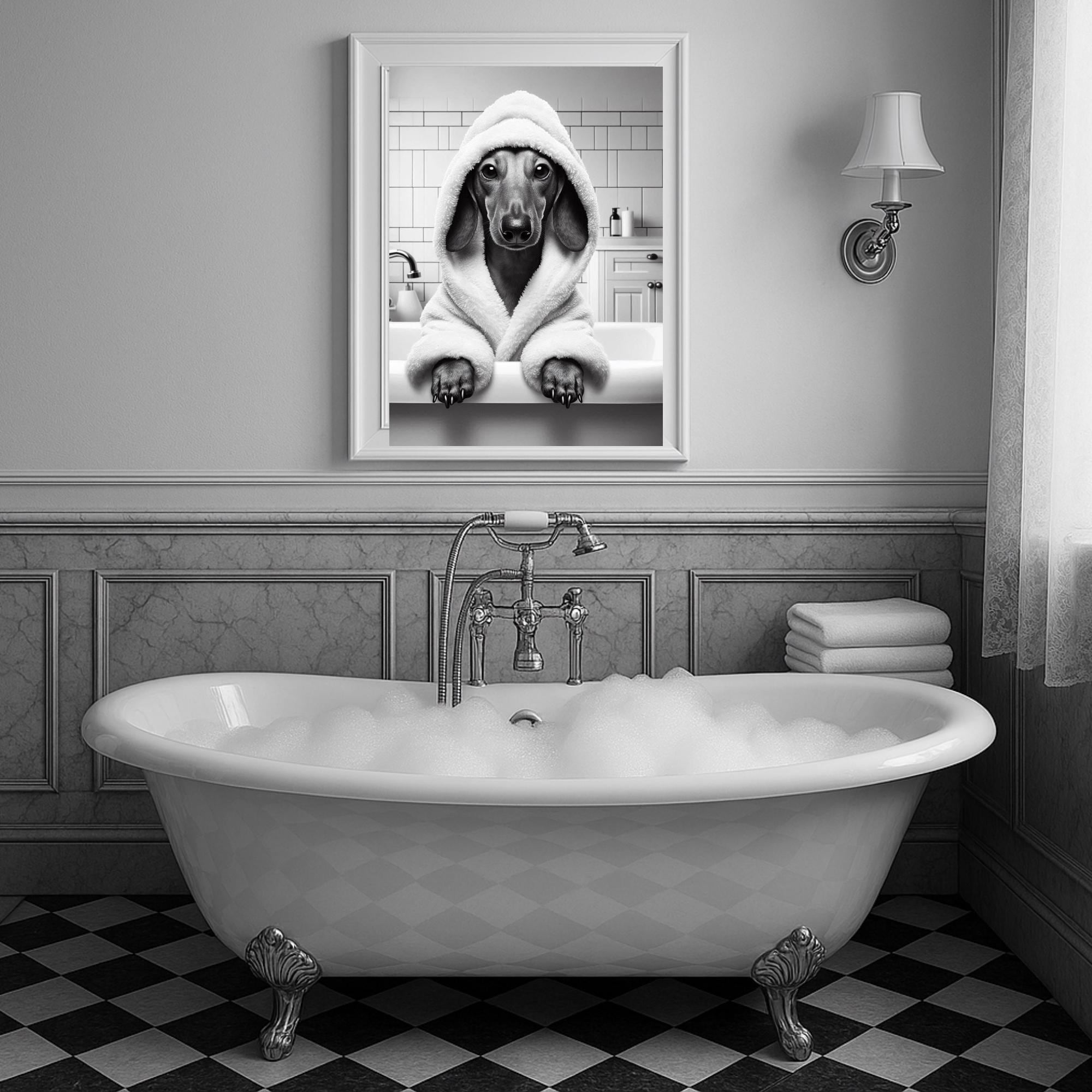 ダックスフントのバスルームアートプリントセット – 面白いトイレのユーモア、白黒（デジタルダウンロード）