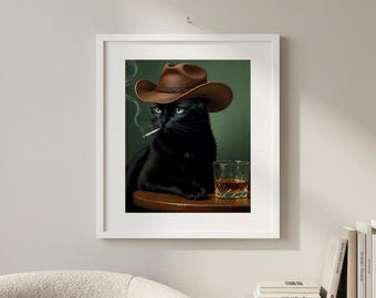 Svart katt, cowboy, whiskytryck | Stämningsfull western barkonst (digital nedladdning)