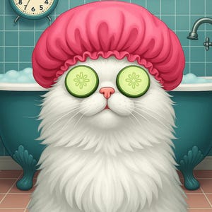 Consiente a tu amigo ronroneante: Lámina de arte de pared de spa para gatos para un ambiente de baño divertido