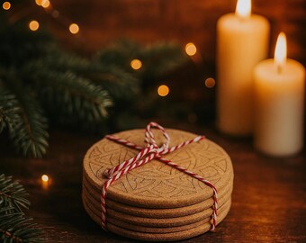 Set of 4 coasters for glasses - cork coasters - with engraving - approx. 9 cm diameter - engraving "Subtle pattern"