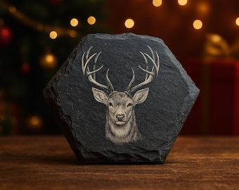 Black slate coaster - with engraving - approx. 9 cm diameter - engraving "Deer"