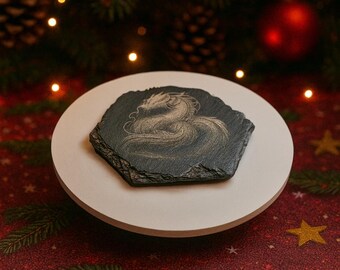 Coaster black slate - with engraving - approx. 9 cm diameter - engraving "Dragon"