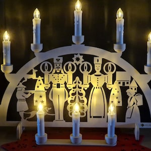 Schwibbogen - Erzgebirgsmotiv - Mann-Frau - Lichterbogen kompl. mit 10 LED Kerzen und Fernbedienung  - 6 mm Sperrholz - 51 cm B - 36 cm H