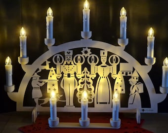 Candle arch - Erzgebirge motif - man-woman - complete with 10 LED candles and remote control - 6 mm plywood - 51 cm W - 36 cm H