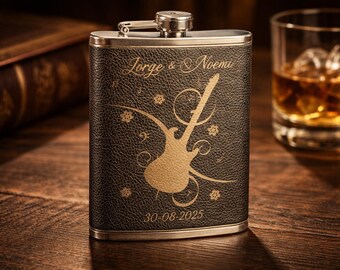 Hip flask - stainless steel with black leather - 236 ml - gift set with drinking cup and funnel in a gift box - personalized