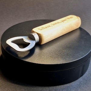 Bottle opener - wooden handle - cap lifter - with engraving &quot;Rock, Scissors, Couple of Beers&quot;