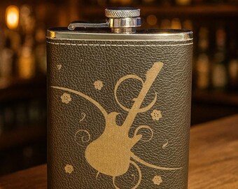 Hip flask - stainless steel with black leather - 236 ml - gift set with drinking cup and funnel in a gift box - engraving "Electric Guitar"
