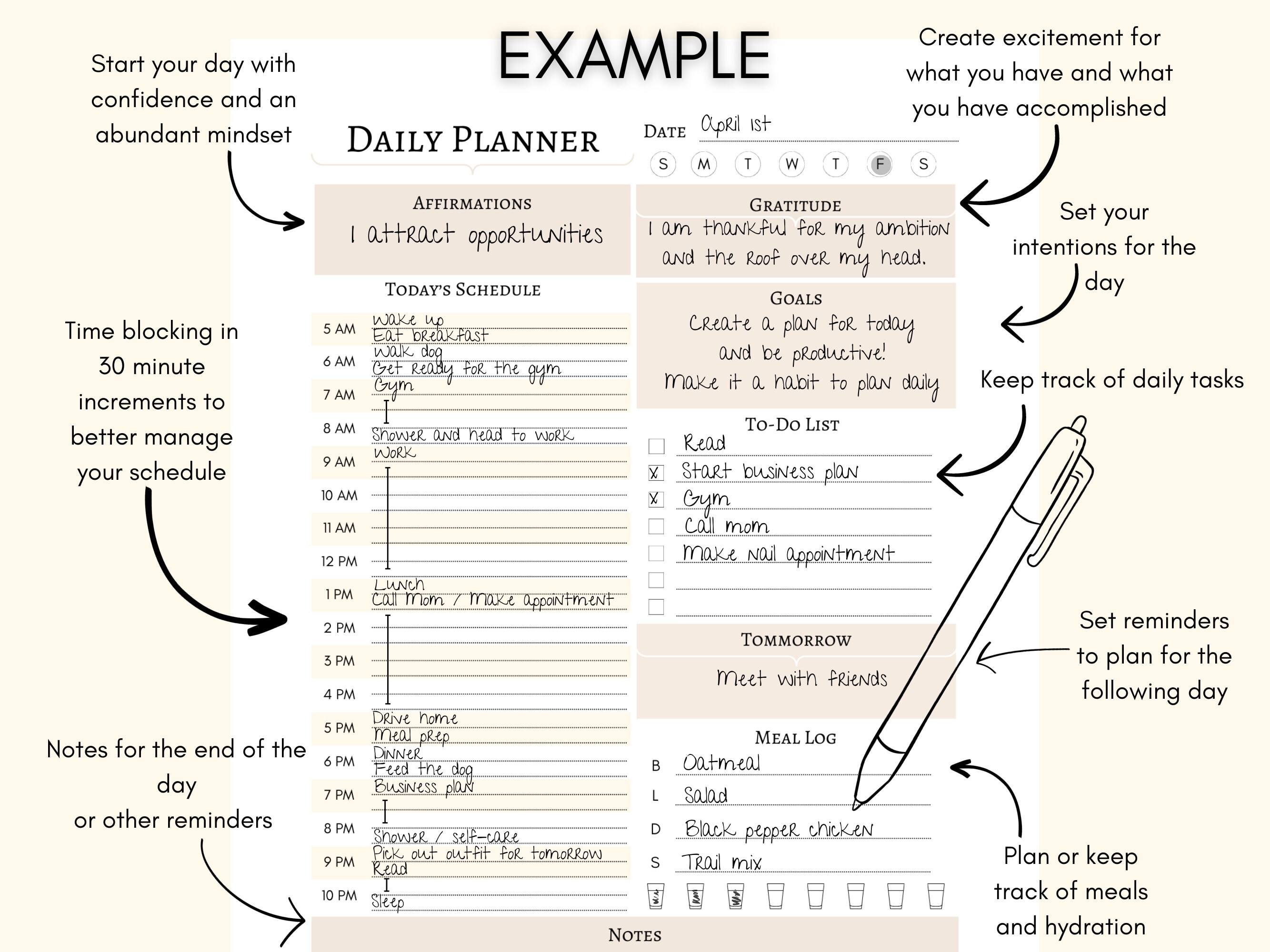 Productivity | Printable Daily Planner | ADHD | Hourly | Growth Mindset ...