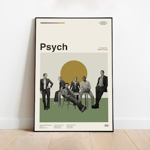 May include: A framed poster featuring the word "Psych" in bold black letters. The poster has a beige background with a green and yellow geometric design and a group of people. The poster is displayed on a white wall and a wooden floor.