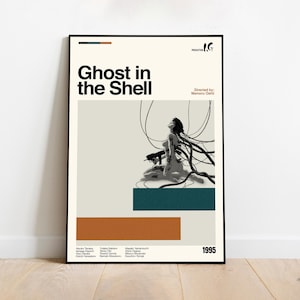 May include: A framed poster for the anime film "Ghost in the Shell" with a black border. The poster features a stylized image of a woman connected to wires, with the film's title and the year 1995. The color palette includes beige, teal, and orange.