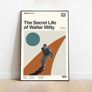 以下が含まれることがあります： 「The Secret Life of Walter Mitty」の映画ポスター。オレンジ色の道でスケートボードをする男性、ターコイズブルーの円、映画のタイトルが白で描かれています。背景はクリーム色です。