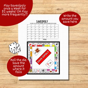 Puede incluir: Un juego de mesa imprimible Save-opoly con un tablero de juego rojo, amarillo y azul. El tablero de juego tiene un área de lanzamiento de dados, un área de Save-opoly y un área total. El tablero de juego está diseñado para ayudar a las personas a ahorrar dinero. El texto en el tablero de juego dice "Save-opoly" y "Tira el dado. Guarda la cantidad donde caiga".