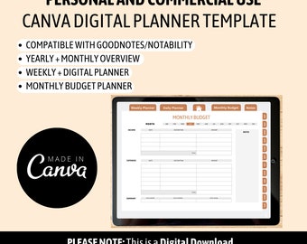May include: A digital planner template for personal and commercial use, compatible with GoodNotes and Notability. Features include yearly, monthly, and weekly overviews, plus a monthly budget planner. The image includes the text "Made in Canva".
