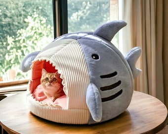 Shark Enclosed Cat Bed, Calming Cat Cave, Pet Furniture, Cat Cushion, Warm Cat Blanket, Pet Gifts, Puppy Bed, Kitten Sleep Cave, Cat Lover