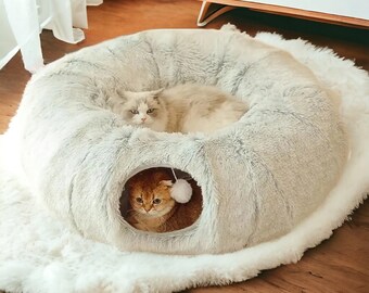 Flauschiges Tunnel-Katzenbett, beruhigende Katzenhöhle, Haustiermöbel, Katzenkissen, warme Katzendecke, Haustiergeschenke, Welpenbett, Kätzchen-Schlafhöhle, Katzenliebhaber