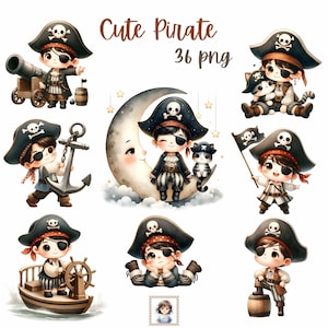 Pirate Clipart: 36 Watercolor Style PNG Illustrations (Commercial Use)