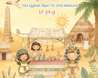 Egyptian Clipart: 60 Watercolor Pharaoh PNGs for Kids (Digital Download)