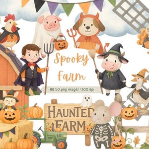 Może przedstawiać: Akwarelowa ilustracja upiornej sceny z farmy z kreskówkowymi zwierzętami w kostiumach na Halloween. Zawiera dynie, traktor oraz tekst "Spooky Farm" i "Haunted Farm".